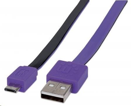 MANHATTAN Kabel FLAT USB 2.0 A-Micro B propojovací 1m černá/fialová