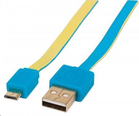 MANHATTAN Kabel FLAT USB 2.0 A-Micro B propojovací 1m modrá/žlutá