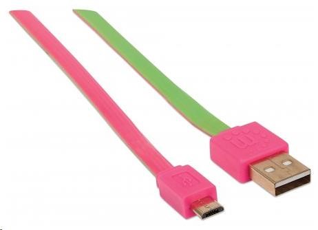 MANHATTAN Kabel FLAT USB 2.0 A-Micro B propojovací 1m pink/green