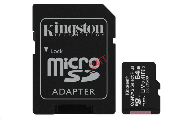 KINGSTON 64GB microSDXC Canvas Select Plus 100R A1 C10 Card + SD adaptér