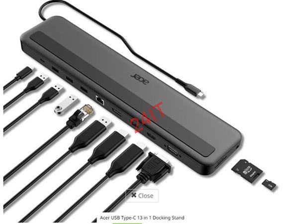 ACER 13v1 type C miniDOCK: 3×USB3,2×USB C,čtečka 1×SD/TF,DP,VGA/RJ45/USB-C PD 100W
